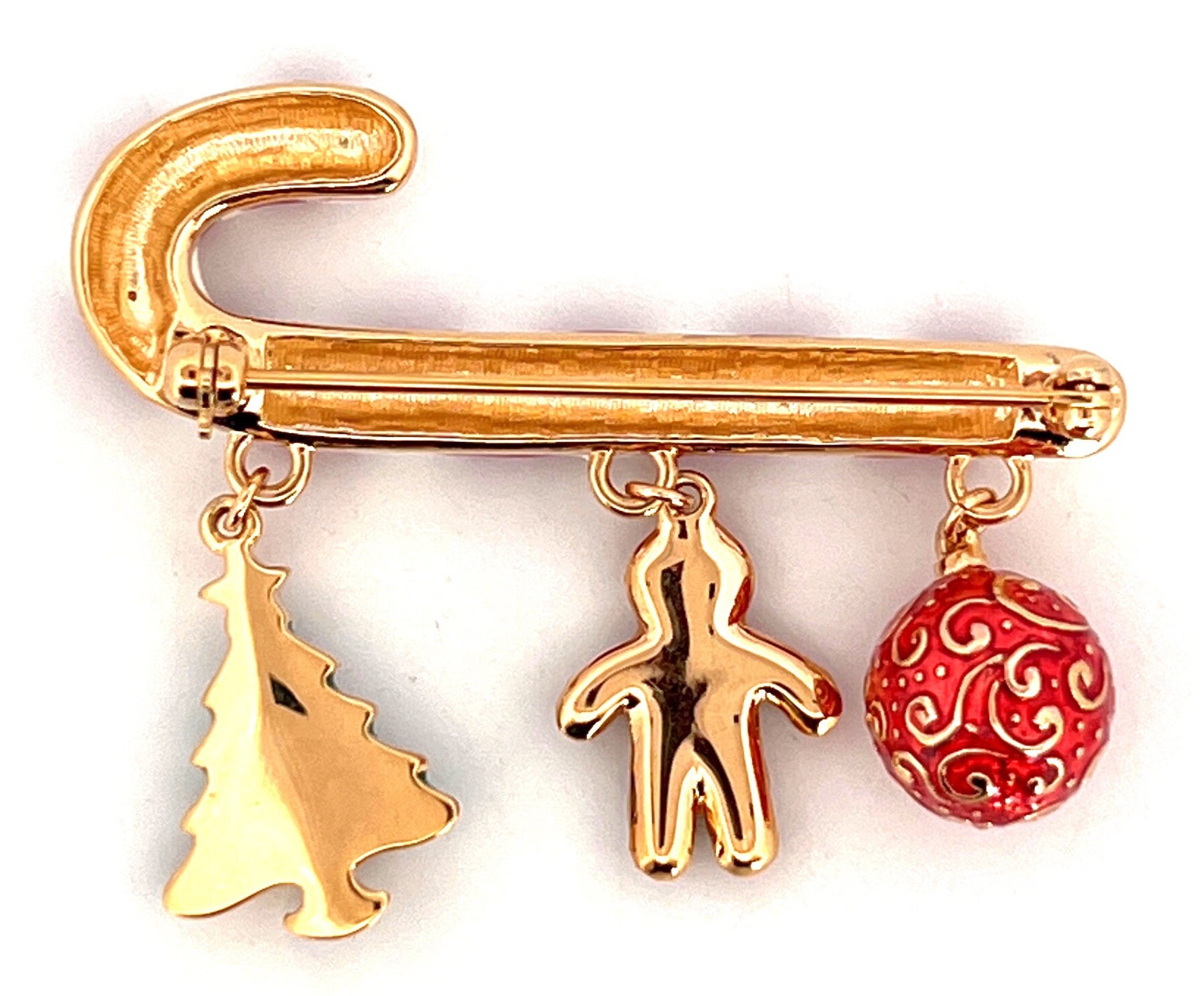 Christmas Charm Candy Cane Pin Brooch Gold Plated Metal Alloy Set With ...