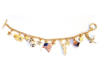 Fourth of July Charm Bracelet Gold Plated Metal Alloy Set With Enamel and Sparkling Swarovski Crystals by JewelAriDesigns