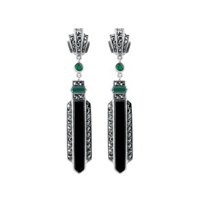 Elegant Earrings Art Deco Style 925 Silver English Hallmarks Set With Onyx Green Agate and Marcasite By JewelAriDesigns