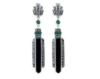 Elegant Earrings Art Deco Style 925 Silver English Hallmarks Set With Onyx Green Agate And Marcasite By JewelAriDesigns