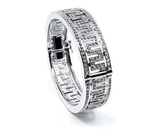 Greek Key Design Cuff Bangle Art Deco Style Rhodium Plated Metal Alloy Set With Sparkling Czech Crystals By JewelAriDesigns