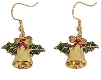 Christmas Bell and Holly Earrings Gold Plated Metal Alloy Set With Enamel