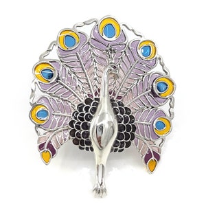 Peacock Brooch Pin Sterling Silver 925 British Hallmarks Adorned With Ruby Set Eyes And Enamel Feathers By JewelAriDesigns