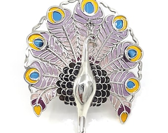 Peacock Brooch Pin Sterling Silver 925 Adorned With Ruby Set Eyes And Enamel Feathers