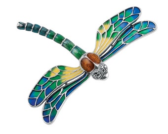 Broche de alfinete de libélula estilo Art Nouveau em prata esterlina 925 com marcas registradas inglesas definidas com esmalte e marcassita por JewelAriDesigns