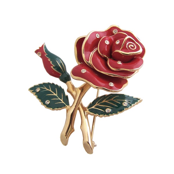 Broche rose plaquée or Art Déco émail peint à la main avec cristaux swarovski