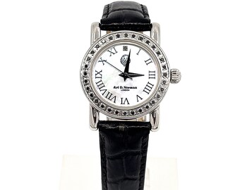 Unisex Watch 925 Sterling Silver English Hallmarks Set With Diamonds With Black Leather Strap By JewelAriDesigns