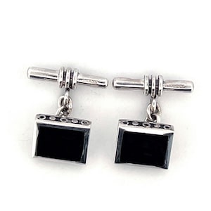 Rectangular Chain Link Cufflinks 925 Sterling Silver English Hallmarks Set With Black Onyx By JewelAriDesigns