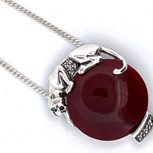 Panther Necklace Art Deco Style 925 Sterling Silver English Hallmarks Set With Red Agate Marcasite And Emerald Eyes By JewelAriDesigns