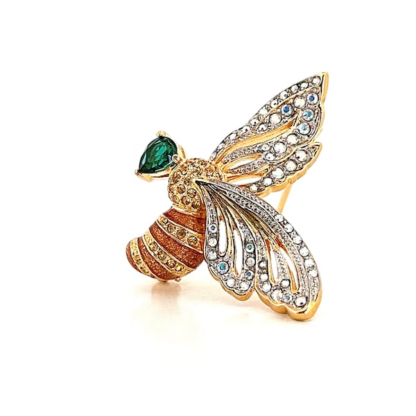 Bee Pin Brooch Art Deco Style Gold Plated Metal Alloy Set With Enamel and Sparkling Swarovski Crystals by JewelAriDesigns