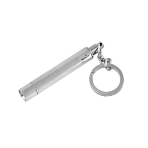 May include: A silver-colored, cylindrical keychain flashlight with a key ring. The flashlight has a ribbed design and a small loop for the key ring. The key ring is a simple, round design.