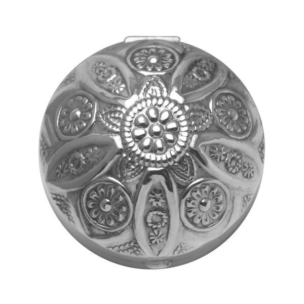 Floral Round Domed Pill Box Victorian Style 925 Sterling Silver English Hallmarks By JewelAriDesigns