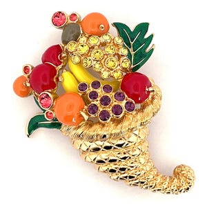 Thanksgiving Cornucopia Horn of Plenty Pin Brooch Style Gold Plated Set With Enamel And Sparkling Czech Crystals By JewelAriDesigns