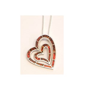 Double Heart Pendant 925 Sterling Silver Set With Brown Crushed Opal Resin On 18&quot; Curb Chain By JewelAriDesigns