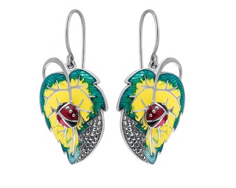 Ladybug Ladybird On Leaf Drop Earrings 925 Sterling Silver Set With Enamel And Marcasite By JewelAriDesigns