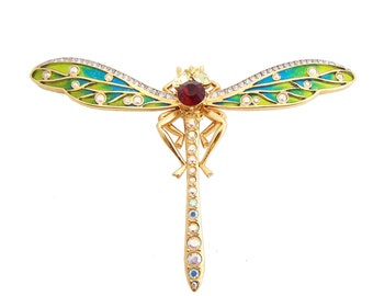 Dragonfly Pin Brooch With Moving Wings That Flap Gold Plated Metal Alloy Set With Enamel and Sparkling Swarovski Crystals by JewelAriDesigns