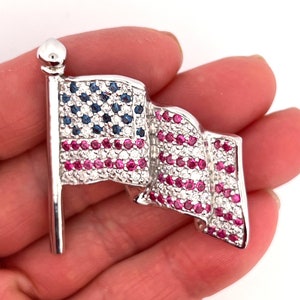 USA Flag Pin Brooch Art Deco Style Black Rhodium Plated 925 Sterling Silver Set With Cubic Zirconia By JewelAriDesigns