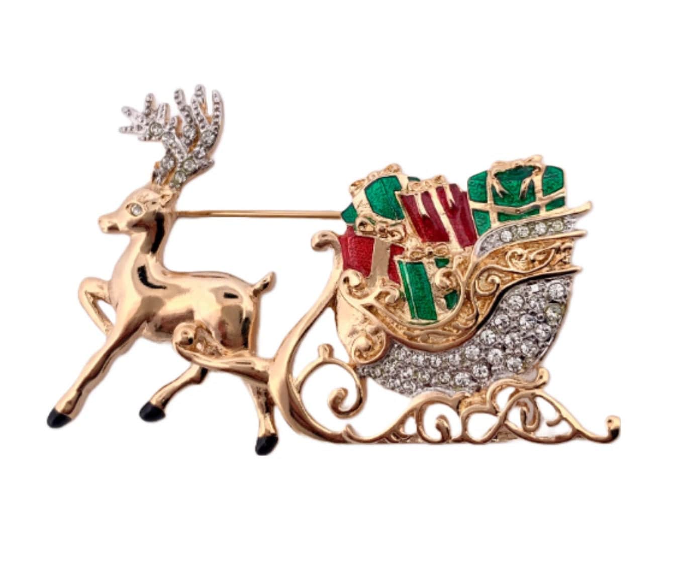 Reindeer and Sleigh Christmas Pin Brooch Gold Plated Metal Alloy
