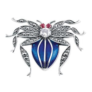Spider Pin Brooch 925 Sterling Silver English Hallmarks Set With Enamel Marcasite And Crystals By JewelAriDesigns
