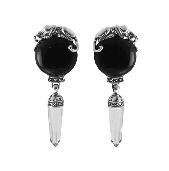 Boucles D'oreilles Pendantes Argent 925 – Perle Onyx Noir Et Marcassites – Occasion Comme Neuf