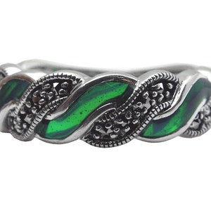 Green Enamel And Marcasite Ring 925 Sterling Silver Hallmarked By JewelAriDesigns
