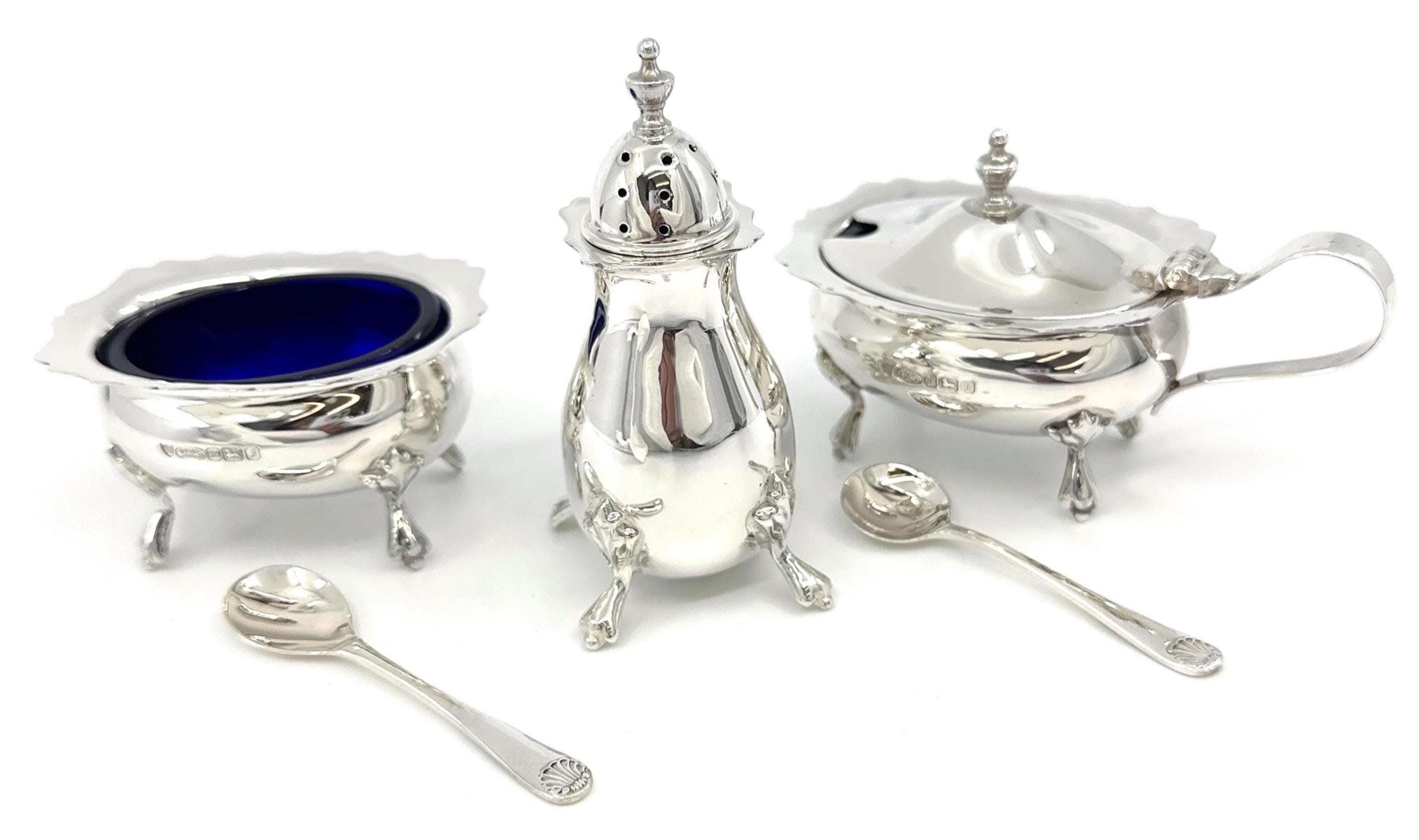 5 Piece Condiment Set Victorian Style 925 Sterling Silver English ...