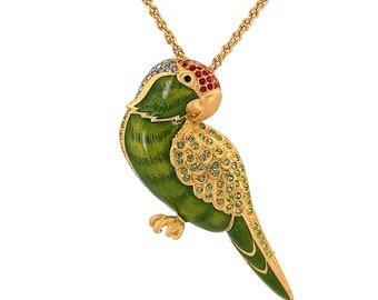 Endangered Species Green Cheeked Parakeet Pin Brooch Pendant Rhodium Plated Metal Alloy Set With Enamel And Sparkling Swarovski Crystals