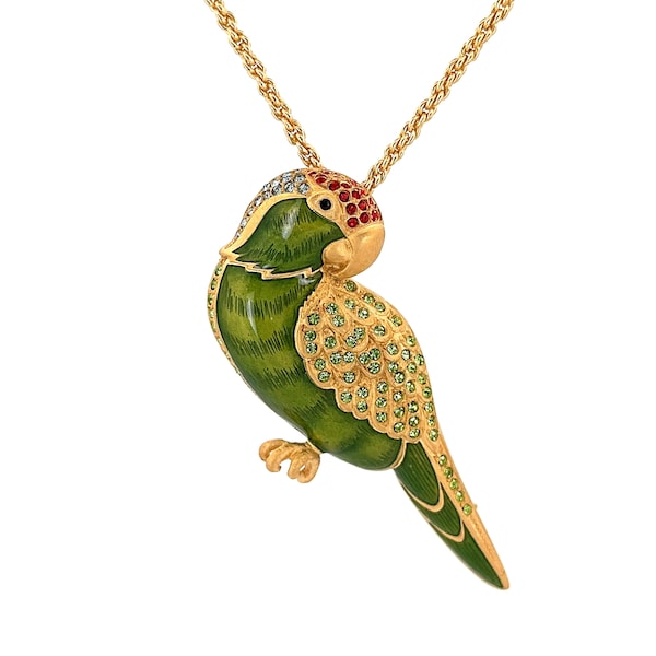 Endangered Species Green Cheeked Parakeet Pin Brooch Pendant Rhodium Plated Metal Alloy Set With Enamel And Sparkling Swarovski Crystals