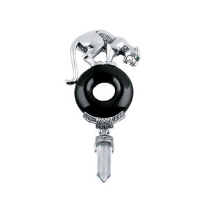 Panther Brooch Art Deco Style 925 Sterling Silver English Hallmarks Set With Onyx Emerald Eyes And Clear Crystal Drop By JewelAriDesigns