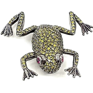 Frog Brooch Pin Rhodium Plated Sterling Silver 925 British Hallmarks Set With Olive Champagne And Ruby Crystals By JewelAriDesigns