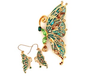 Butterfly Brooch / Earrings Set Art Nouveau Style Gold Plated Metal Alloy Set With Enamel & Sparkling Czech Crystals By JewelAriDesigns