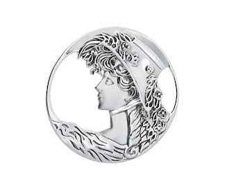 Lady's Head Pin Brooch Art Nouveau Style 925 Sterling Silver English Hallmarks By JewelAriDesigns