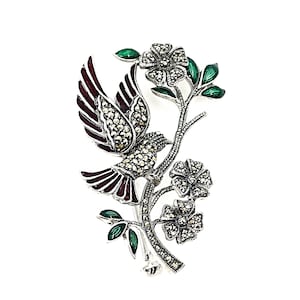 Bird On Branch Brooch Pin Sterling Silver 925 British Hallmarks Set With Marcasite And Enamel By JewelAriDesigns