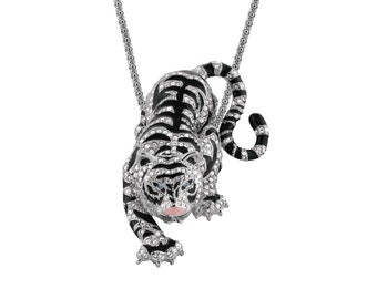 Siberian Tiger Pin Brooch Pendant Rhodium Plated Metal Alloy Set With Enamel And Sparkling Clear Czech Crystals By JewelAriDesigns