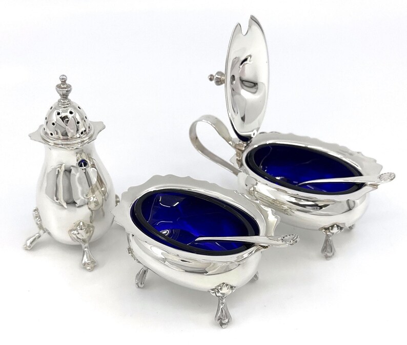 5 Piece Condiment Set Victorian Style 925 Sterling Silver English ...