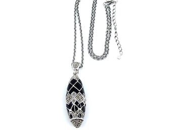 Elongated Oval Necklace Set With Black Enamel And Marcasite