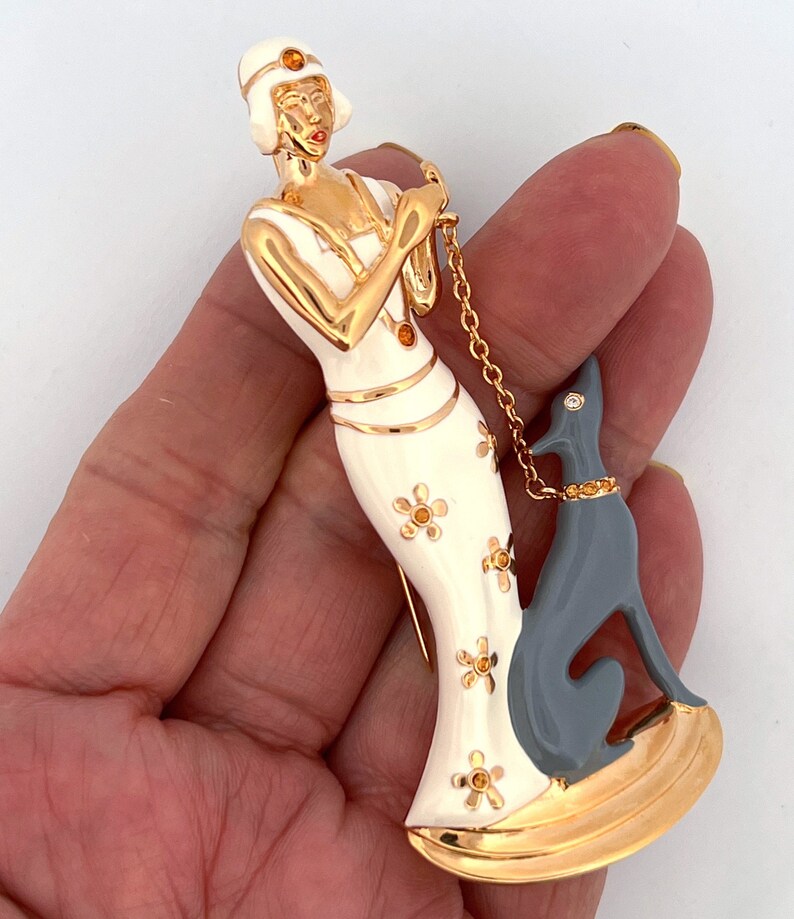 Lady and Dog Pin Brooch Art Deco Style Gold Plated Metal Alloy Set With ...