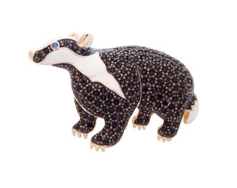 Badger Pin Brooch Gold Plated Metal Alloy Set With Enamel And Sparkling Czech Crystals By JewelAriDesigns