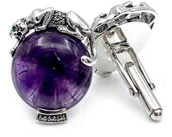Art Deco Panther Cufflinks, Sterling Silver, Amethyst & Emerald Eyes
