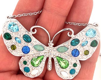 Butterfly Choker Necklace Rhodium Plated Metal Alloy Set With Sparkling Czech Crystals On 16" Chain By JewelAriDesigns