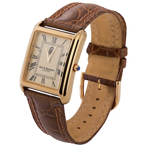 Unisex Watch Gold Plated Sterling Silver (Vermeil) English Hallmarks With Brown Leather Strap And Blue Sapphire Winder By JewelAriDesigns
