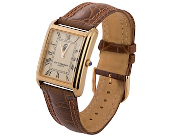 Unisex Watch Gold Plated Sterling Silver (Vermeil) English Hallmarks With Brown Leather Strap And Blue Sapphire Winder By JewelAriDesigns