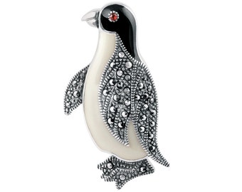 Penguin Pin Brooch Art Deco Style 925 Sterling Silver English Hallmarks Set Garnet In Eyes Marcasite And Enamel By JewelAriDesigns