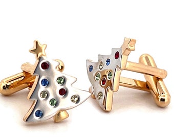 Christmas Tree Cufflinks Gold Plated Metal Alloy Set With Colourful Sparkling Czech Crystals By JewelAriDesigns