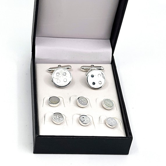 Button Design Cufflinks and Six Studs Dress Shirt Set 925 Sterling Silver English Hallmarks Set With Mother of Pearl by Jewelaridesigns Etsy