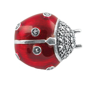 May include: A red enamel ladybug brooch with black marcasite accents. The ladybug has a silver body and black markings.