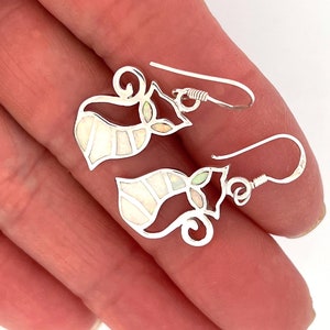 Cat Dangle Earrings 925 Sterling Silver Set With White Crushed Opal Resin By JewelAriDesigns