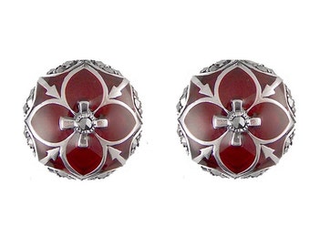 Elegant Stud Earrings Elizabethan Style 925 Sterling Silver Set With Red Enamel And Marcasite By JewelAriDesigns