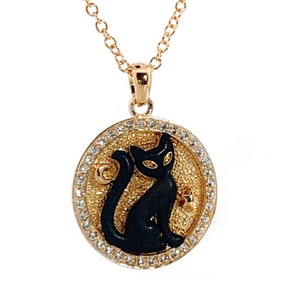 Halloween Cat Medallion Necklace Gold Plated Metal Alloy Set With Enamel And Sparkling Czech Crystals On 18" Chain By JewelAriDesigns