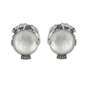 Panther Earrings Art Deco Style 925 Sterling Silver English Hallmarks Set With Mother Of Pearl Marcasite And Emerald Eyes By JewelAriDesigns
